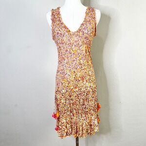 Poupette St Barth Floral Tassel Dress Mini V Neck Sleeveless Bohemian XS